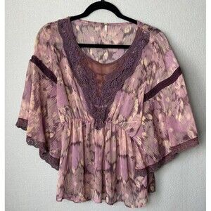 Free People Purple Ikat Sheer Lace Batwing Sleeve Blouse S Boho Festival Fairy